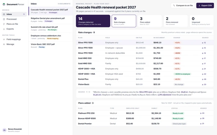 Benefits Document Parser App: a renewal packet parsed into a summary of rate changes, each one shown against what is on file and linked to its source page, on sample data
