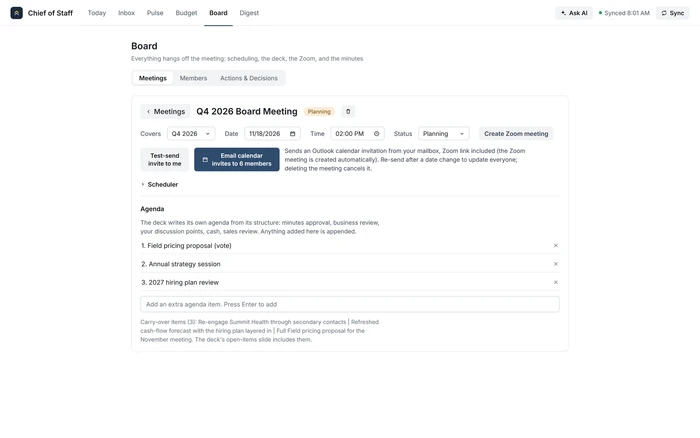 Chief of Staff: planning a board meeting, with calendar invites, a Zoom link, and an agenda that carries over open items, on sample data