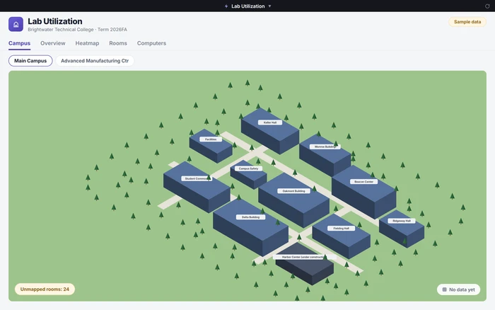 Lab Utilization App: a 3D map of the whole campus with each building shaded by lab utilization, shown on sample data