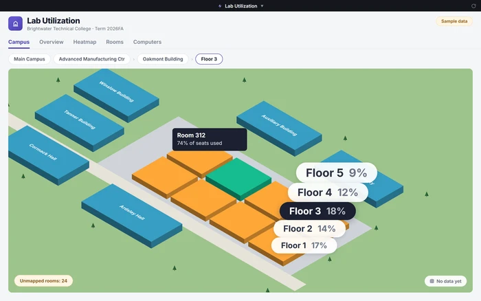 Lab Utilization App: a 3D campus map drilled down to one floor, with each room shaded by how much of its seating is in use, shown on sample data