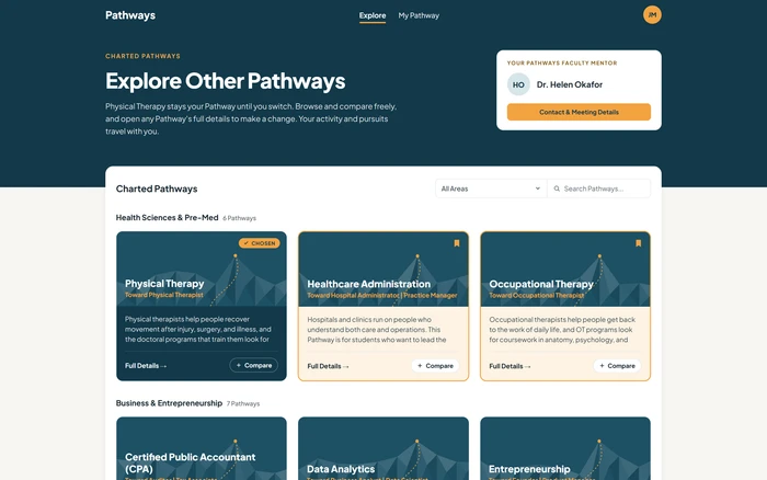 Career Pathways App: a student browsing charted Pathways by interest area, with their chosen Pathway and two bookmarks highlighted, on sample data