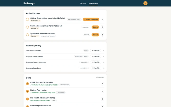Career Pathways App: a student's active pursuits, suggested clubs and internships, and completed activities verified by their advisers, on sample data