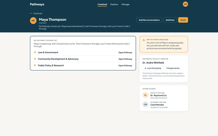 Career Pathways App: an adviser's view of one student's bookmarked Pathways and assigned guides, on sample data