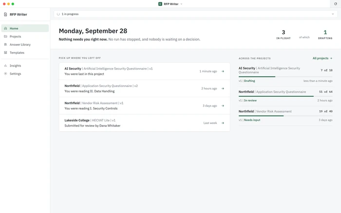 RFP Writer: the home screen, showing which questionnaires are in flight and how far along each one is, on sample data