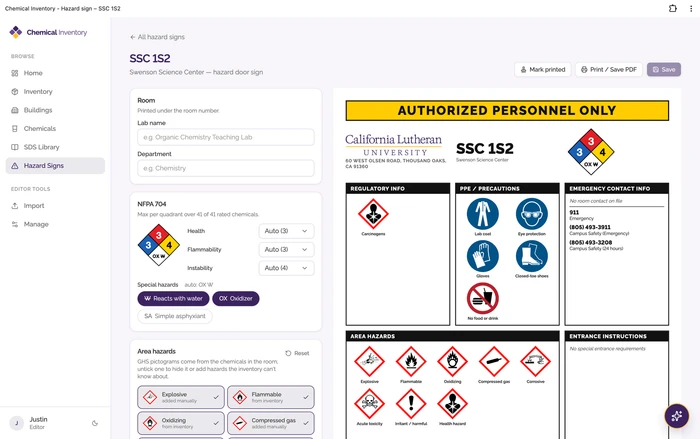 Chemical Inventory App at California Lutheran University: editing a room's hazard door sign, with the NFPA diamond, PPE, and GHS pictograms generated from the room's inventory