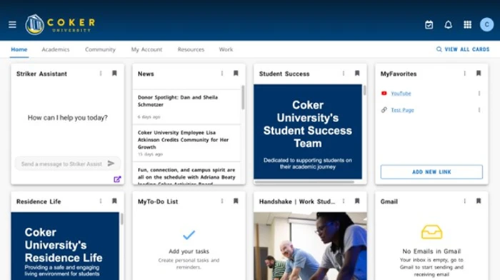 Coker University's student experience portal, where Striker Assistant sits alongside the tools students already use