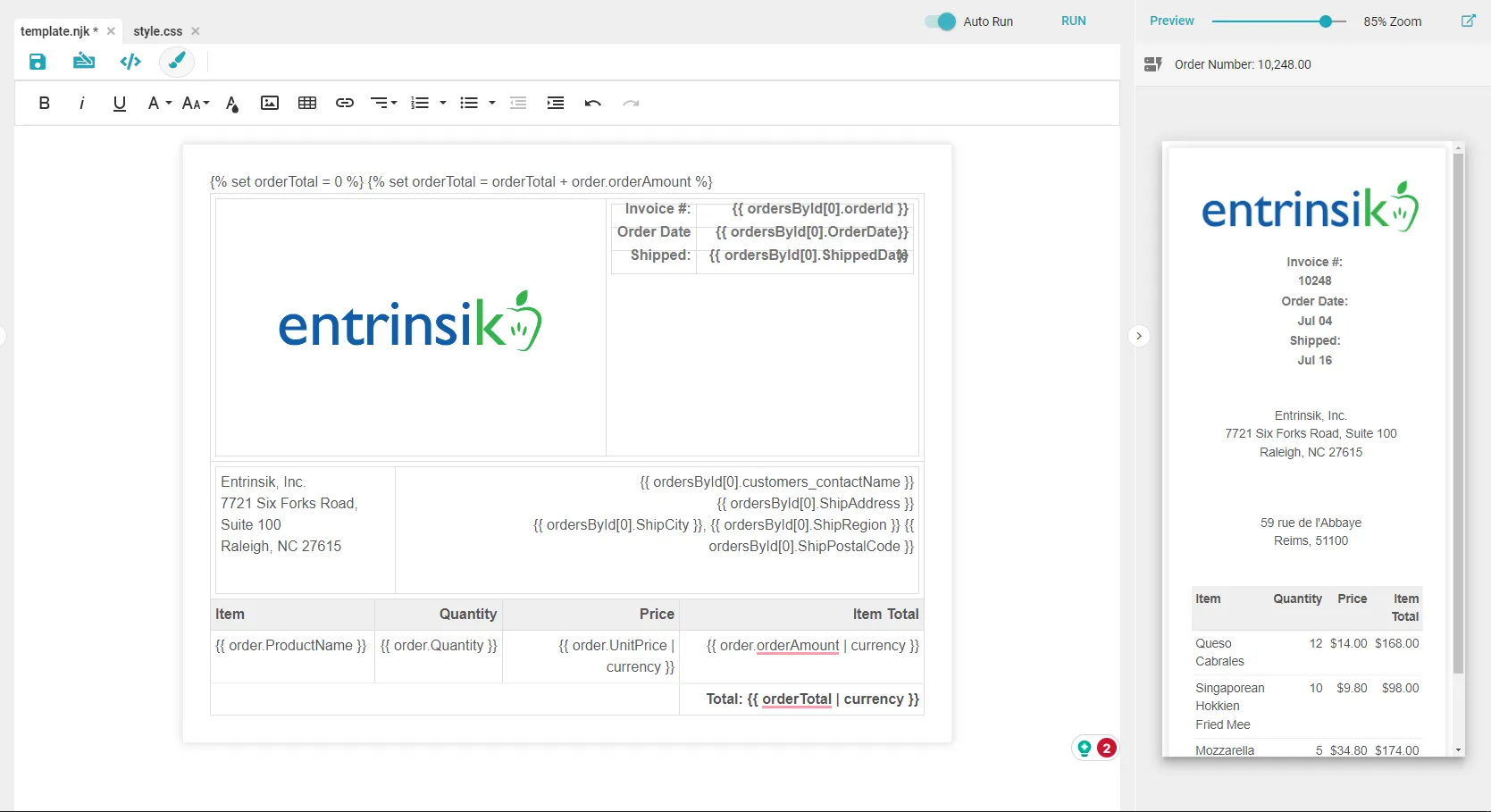Informer Templates — WYSIWYG invoice template with branded letterhead and live preview