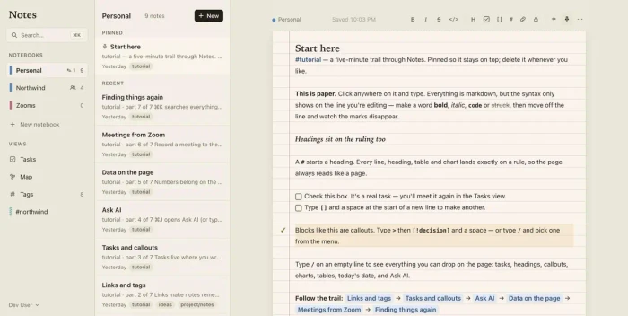 Notes App: notebooks and views in the left rail, a list of notes, and a note open on ruled paper with tasks and a callout
