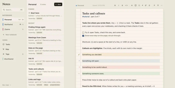 Notes App: tasks written inline on the page, and callouts marked in the margin for decisions, open questions, cautions, and follow-ups